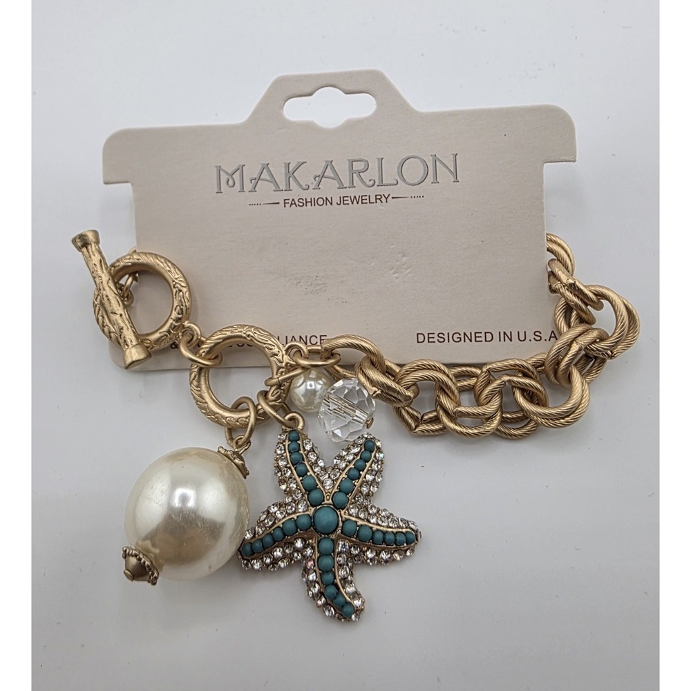 MAKARLON Gold Tone Charm Bracelet Starfish Crystal Pearl Toggle Beach‎ Jewelry